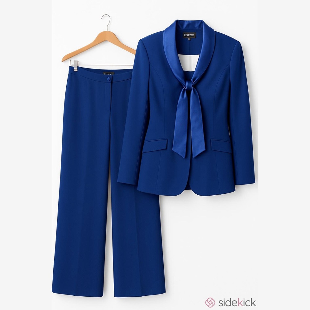 Metro Style blue satin collar wide leg pant suit